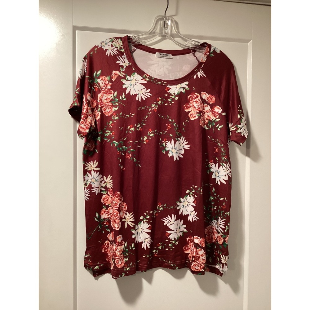 Ekouaer Womens Burgundy Floral Short Sleeve Pajama Top Crew Neck Size L